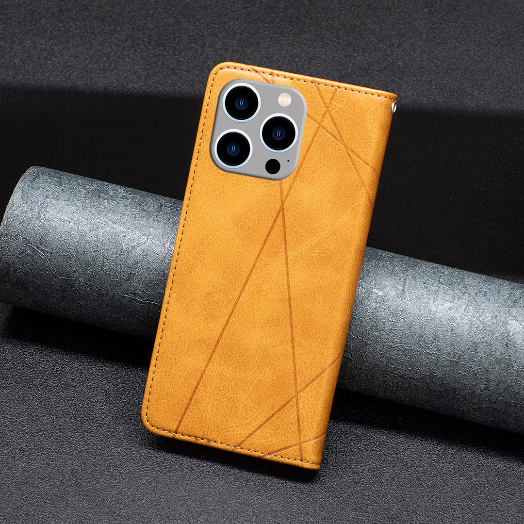 Uniqkart for iPhone 15 Pro Max Stand Leather Phone Cover Card Holder Shell Imprinted Line Cell Phone Case - Yellow Uniqkart for iPhone 15 Pro Max Stand Leather Phone Cover Card Holder Shell Imprinted Line Cell Phone Case - Yellow